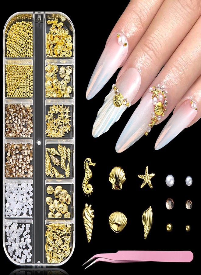 Furtherpretty Summer Nail Charms, 3D Beach Nail Charms Metal Starfish Seashell Tropical Ocean Nail Art Decorations, Gold Beads and Pearls Rhinestones with Tweezers for Manicure, concha nacar para uñas - Image 1